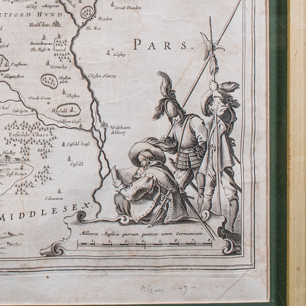 Antique County Map, Hertfordshire, English, Framed Cartography, Blaeu, Carolean