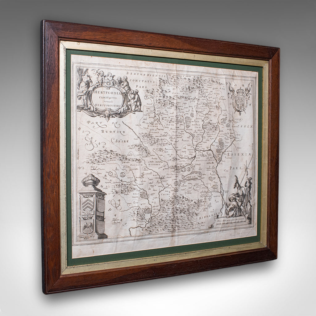 Antique County Map, Hertfordshire, English, Framed Cartography, Blaeu, Carolean