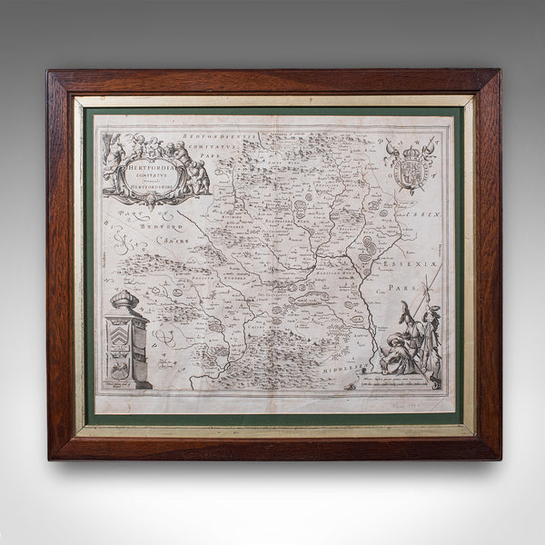 Antique County Map, Hertfordshire, English, Framed Cartography, Blaeu, Carolean