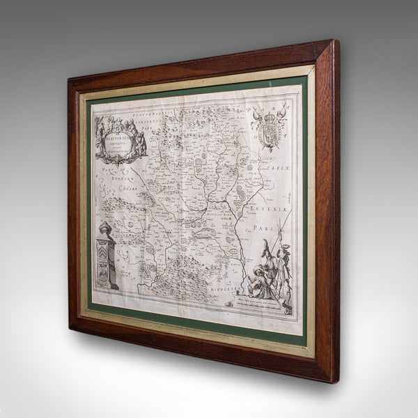 Antique County Map, Hertfordshire, English, Framed Cartography, Blaeu, Carolean