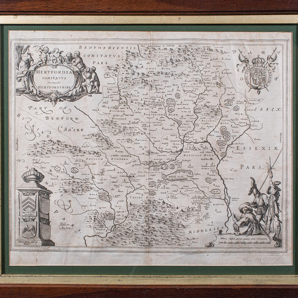 Antique County Map, Hertfordshire, English, Framed Cartography, Blaeu, Carolean