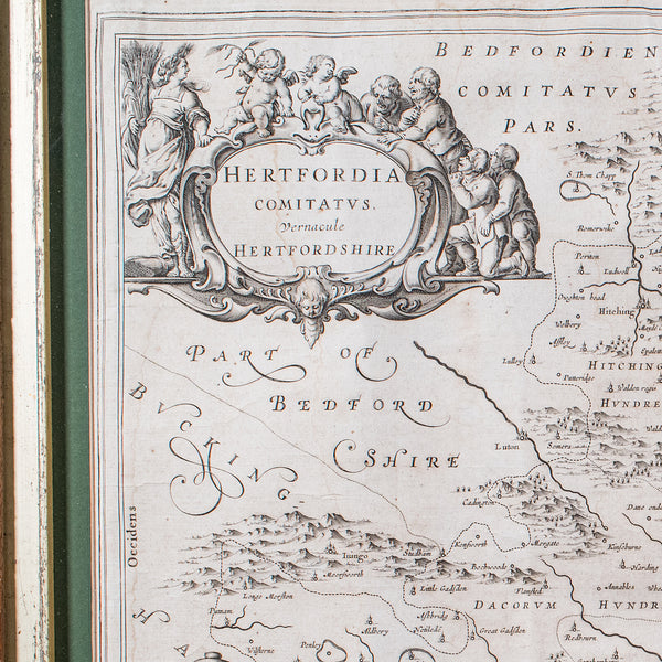 Antique County Map, Hertfordshire, English, Framed Cartography, Blaeu, Carolean