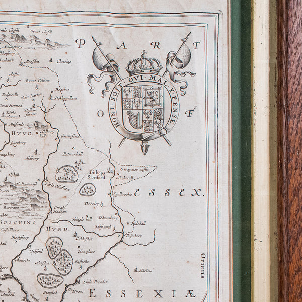Antique County Map, Hertfordshire, English, Framed Cartography, Blaeu, Carolean