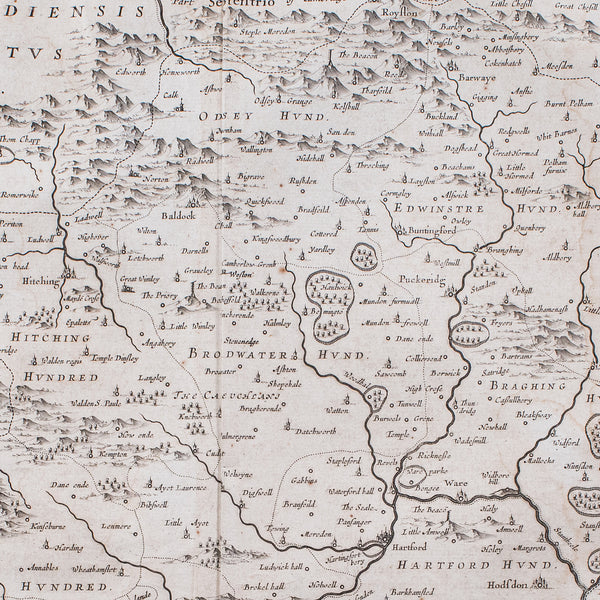 Antique County Map, Hertfordshire, English, Framed Cartography, Blaeu, Carolean