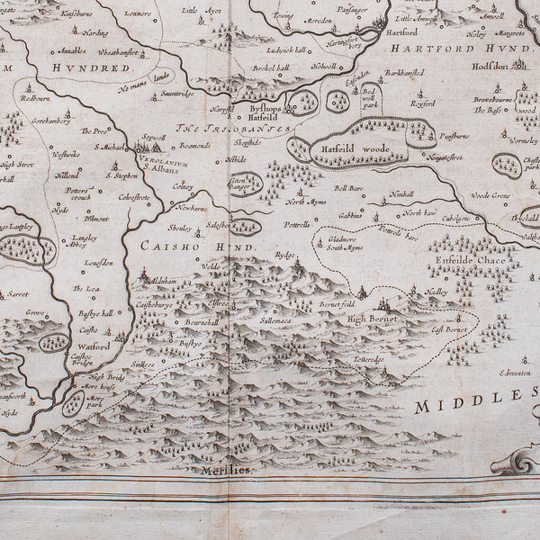 Antique County Map, Hertfordshire, English, Framed Cartography, Blaeu, Carolean