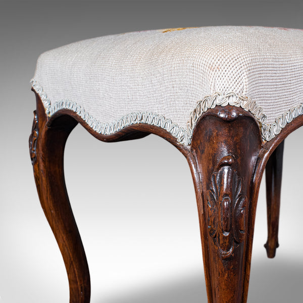 Antique Fireside Footstool, English, Needlepoint, Walnut, Stool, Early Victorian