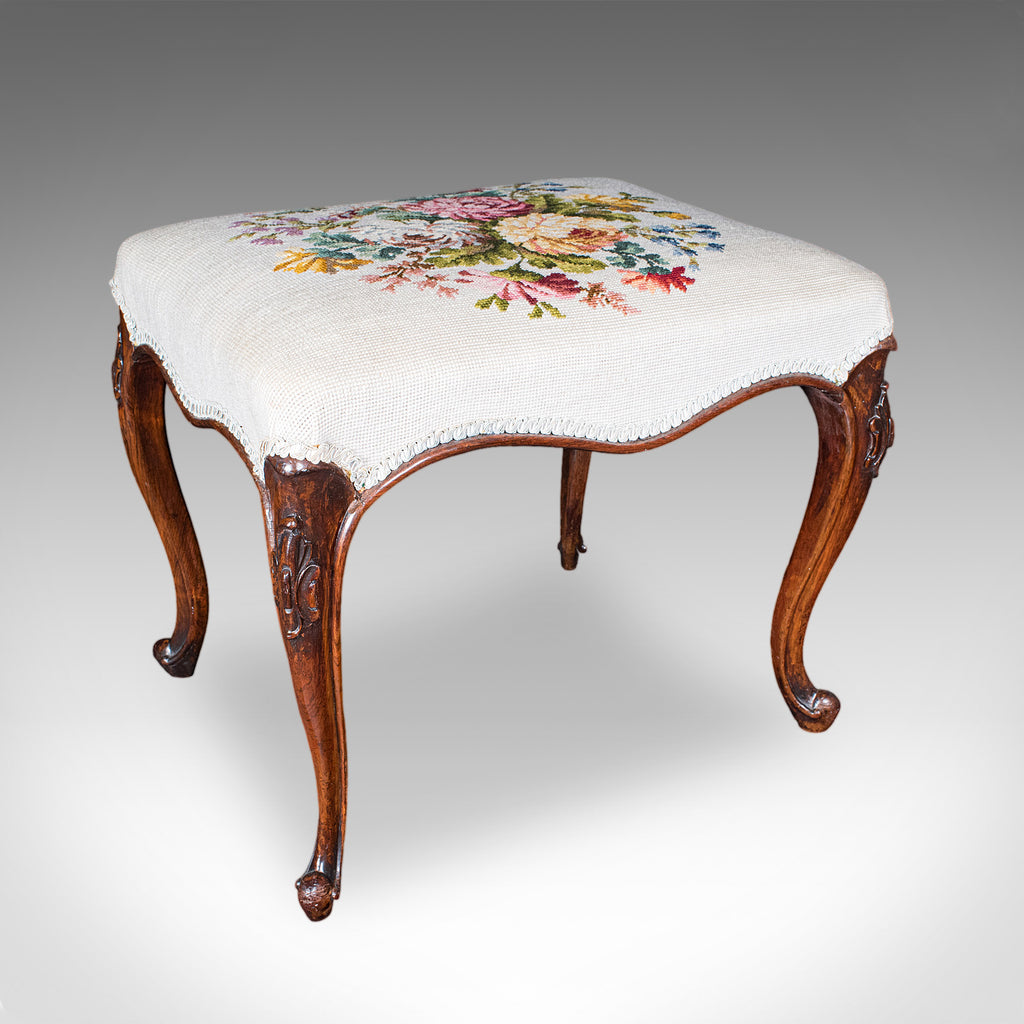Antique Fireside Footstool, English, Needlepoint, Walnut, Stool, Early Victorian