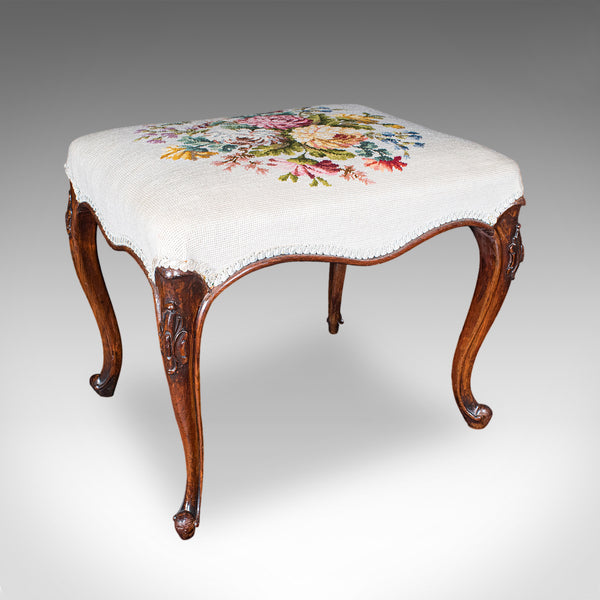Antique Fireside Footstool, English, Needlepoint, Walnut, Stool, Early Victorian