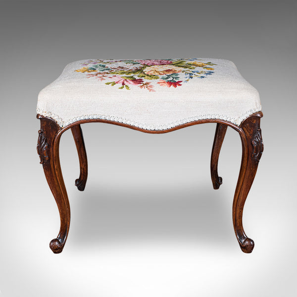 Antique Fireside Footstool, English, Needlepoint, Walnut, Stool, Early Victorian
