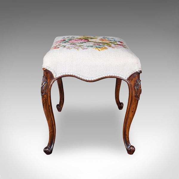 Antique Fireside Footstool, English, Needlepoint, Walnut, Stool, Early Victorian