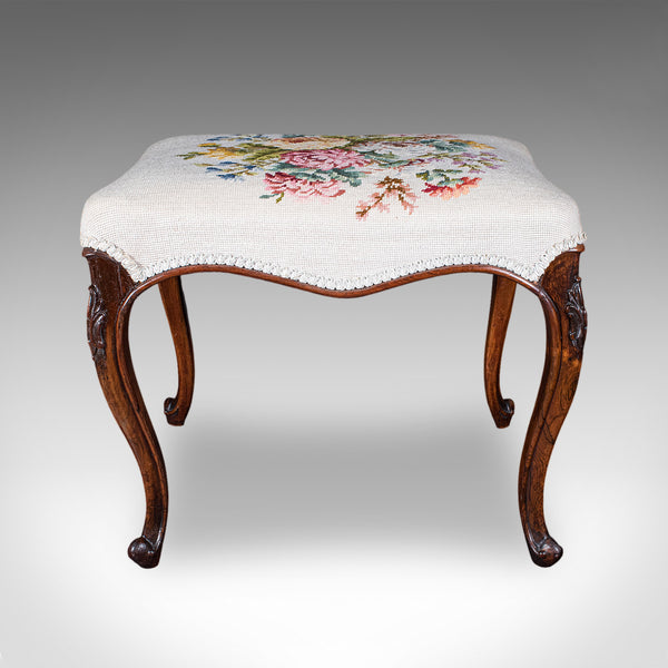 Antique Fireside Footstool, English, Needlepoint, Walnut, Stool, Early Victorian