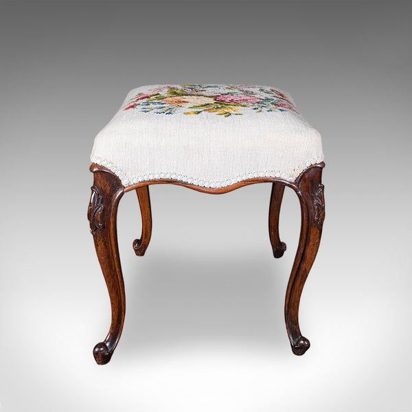 Antique Fireside Footstool, English, Needlepoint, Walnut, Stool, Early Victorian