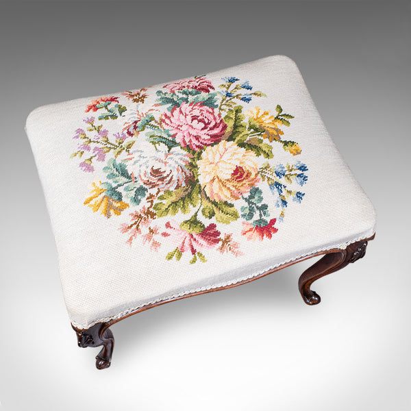 Antique Fireside Footstool, English, Needlepoint, Walnut, Stool, Early Victorian