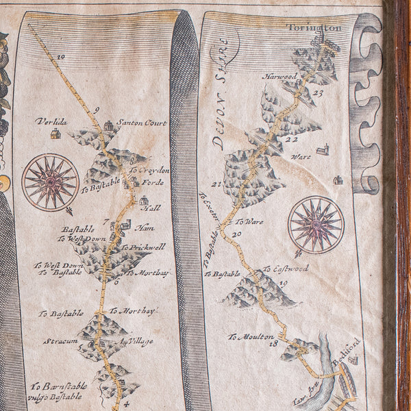 Antique Coaching Road Map, Exeter to Barnstable, English, Framed, Ogilby, C.1700