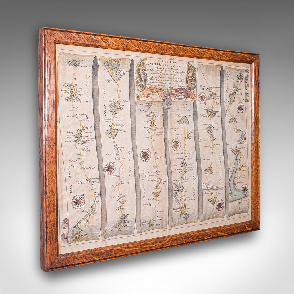 Antique Coaching Road Map, Exeter to Barnstable, English, Framed, Ogilby, C.1700