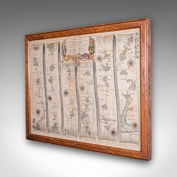 Antique Coaching Road Map, Exeter to Barnstable, English, Framed, Ogilby, C.1700