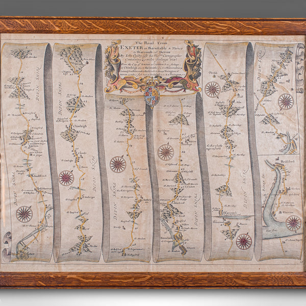 Antique Coaching Road Map, Exeter to Barnstable, English, Framed, Ogilby, C.1700