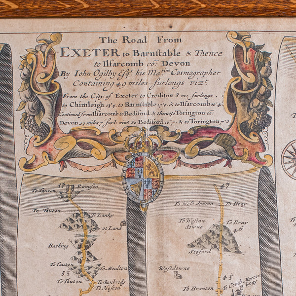 Antique Coaching Road Map, Exeter to Barnstable, English, Framed, Ogilby, C.1700