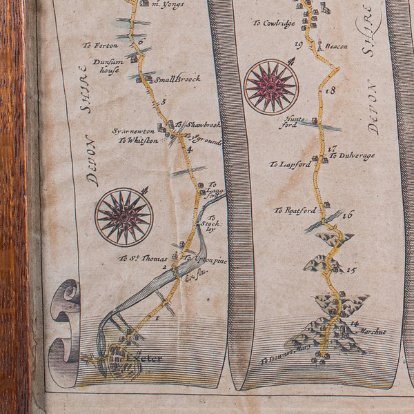 Antique Coaching Road Map, Exeter to Barnstable, English, Framed, Ogilby, C.1700