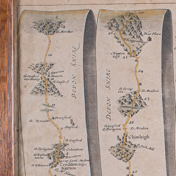 Antique Coaching Road Map, Exeter to Barnstable, English, Framed, Ogilby, C.1700