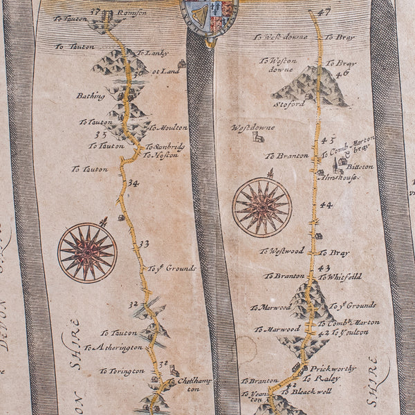Antique Coaching Road Map, Exeter to Barnstable, English, Framed, Ogilby, C.1700