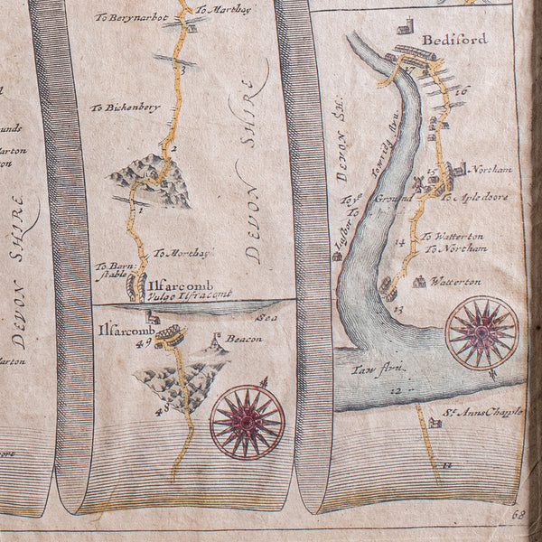 Antique Coaching Road Map, Exeter to Barnstable, English, Framed, Ogilby, C.1700