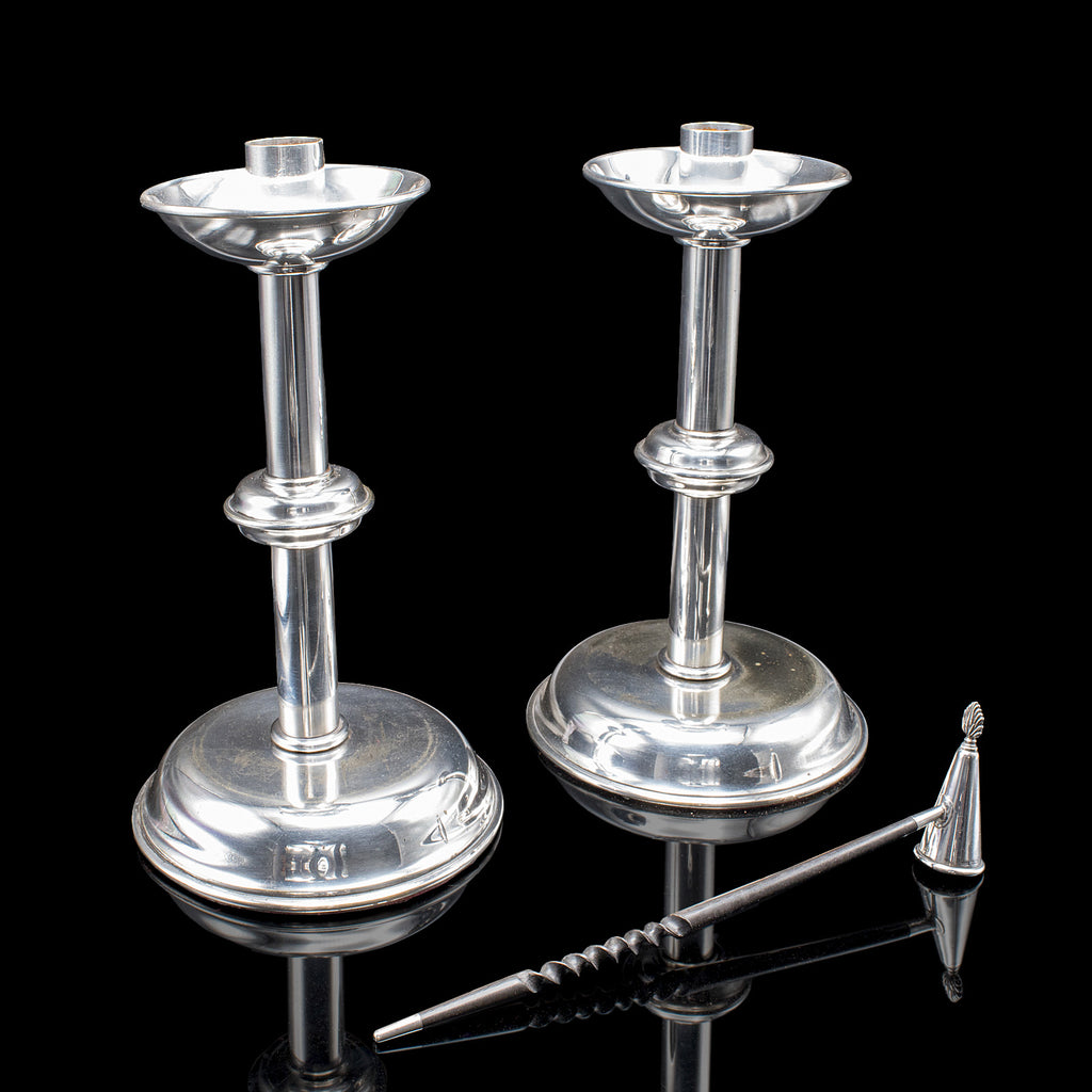 Pair of Vintage Candlesticks, English, Silver Plate, Snuffer Tool, Mid Century