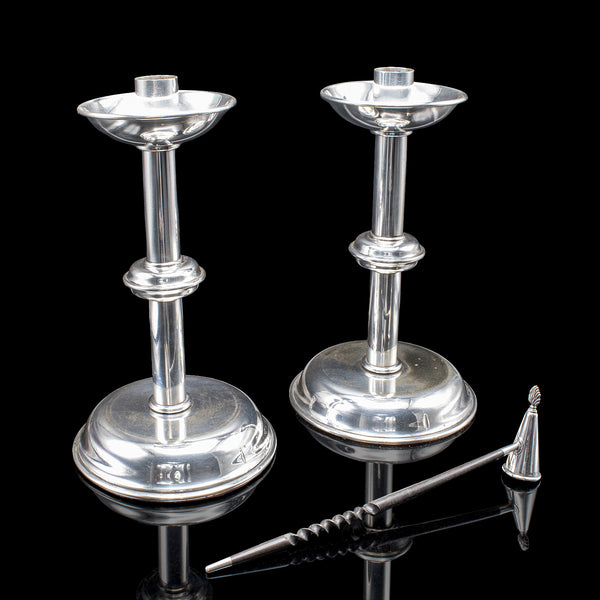 Pair of Vintage Candlesticks, English, Silver Plate, Snuffer Tool, Mid Century