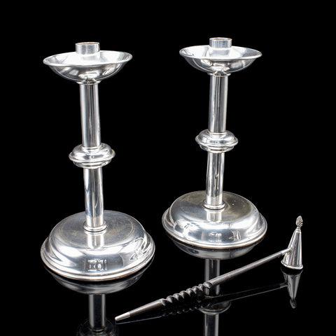 Pair of Vintage Candlesticks, English, Silver Plate, Snuffer Tool, Mid Century