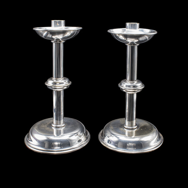Pair of Vintage Candlesticks, English, Silver Plate, Snuffer Tool, Mid Century