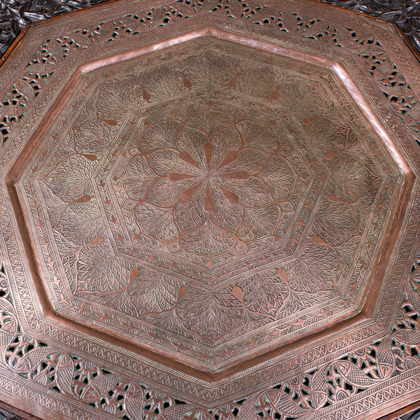 Antique Veranda Tea Table, Indian, Copper Inset, Benares, Occasional, Victorian