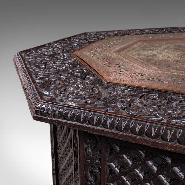 Antique Veranda Tea Table, Indian, Copper Inset, Benares, Occasional, Victorian