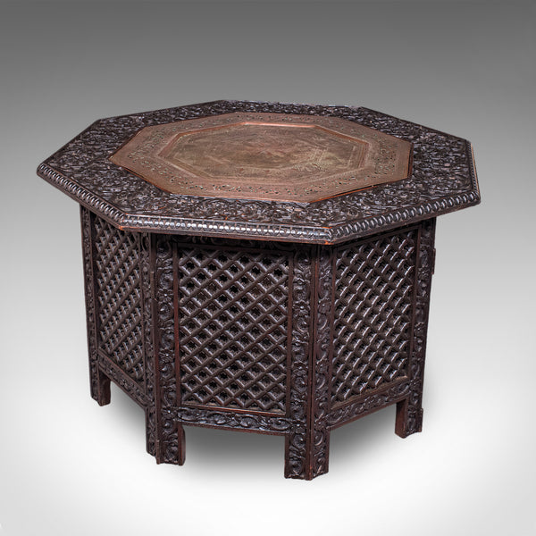 Antique Veranda Tea Table, Indian, Copper Inset, Benares, Occasional, Victorian