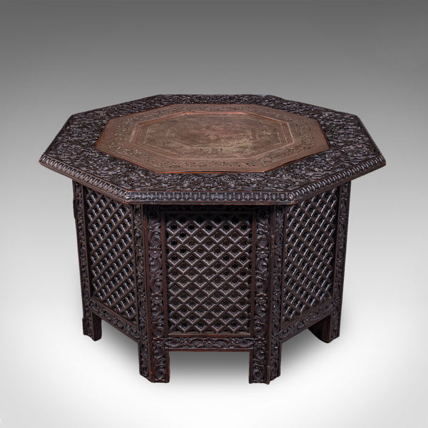 Antique Veranda Tea Table, Indian, Copper Inset, Benares, Occasional, Victorian