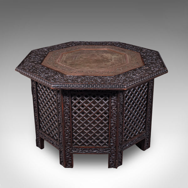 Antique Veranda Tea Table, Indian, Copper Inset, Benares, Occasional, Victorian