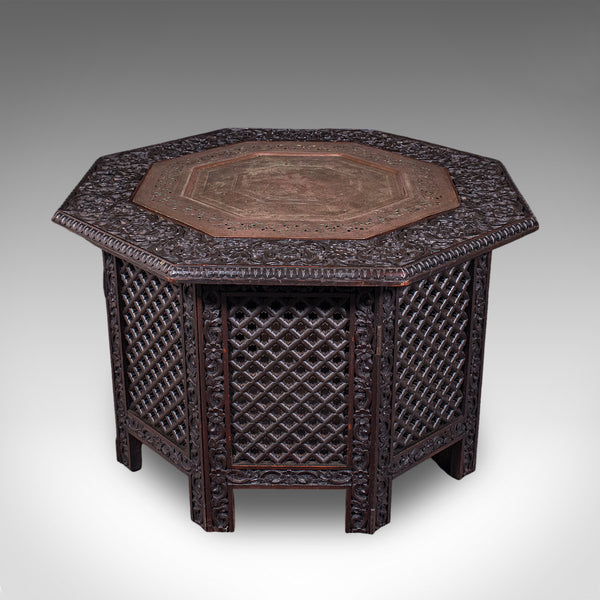 Antique Veranda Tea Table, Indian, Copper Inset, Benares, Occasional, Victorian