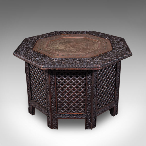 Antique Veranda Tea Table, Indian, Copper Inset, Benares, Occasional, Victorian