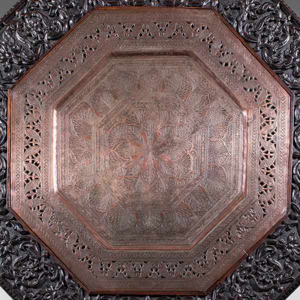 Antique Veranda Tea Table, Indian, Copper Inset, Benares, Occasional, Victorian