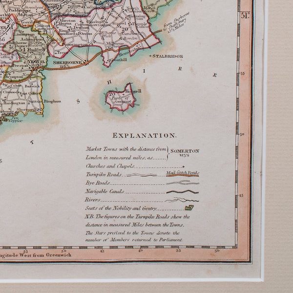 Antique County Map of Somerset, English, Framed Cartography, Regency, Circa 1830