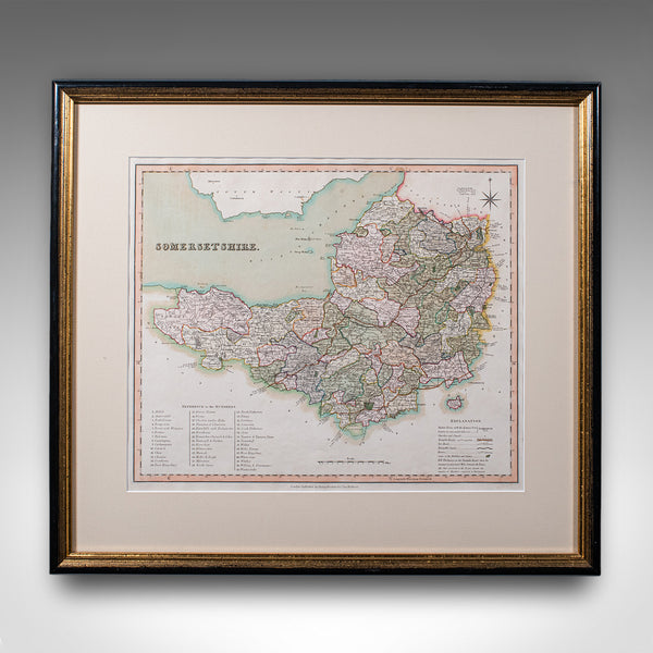 Antique County Map of Somerset, English, Framed Cartography, Regency, Circa 1830