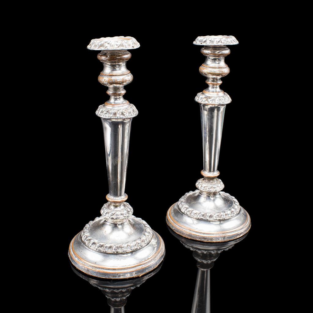 Pair of Antique Old Sheffield Plate Candlesticks, English Candle Nozzle, Regency