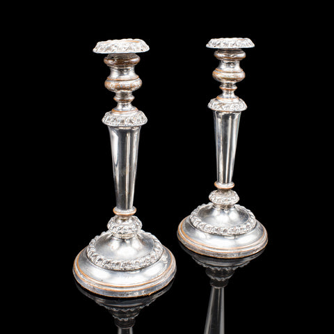 Pair of Antique Old Sheffield Plate Candlesticks, English Candle Nozzle, Regency