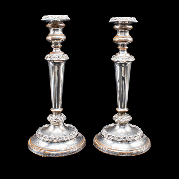 Pair of Antique Old Sheffield Plate Candlesticks, English Candle Nozzle, Regency