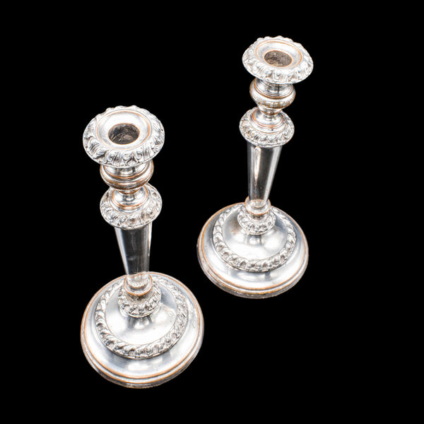 Pair of Antique Old Sheffield Plate Candlesticks, English Candle Nozzle, Regency