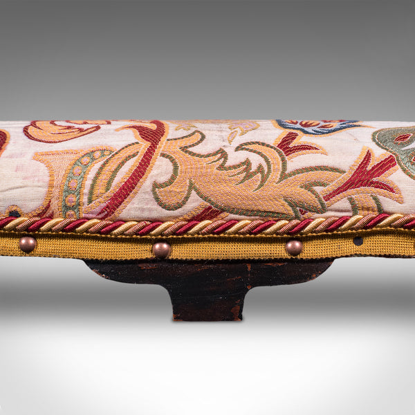 Long Antique Carriage Stool, English, Crewelwork, Fireside Foot Rest, Victorian
