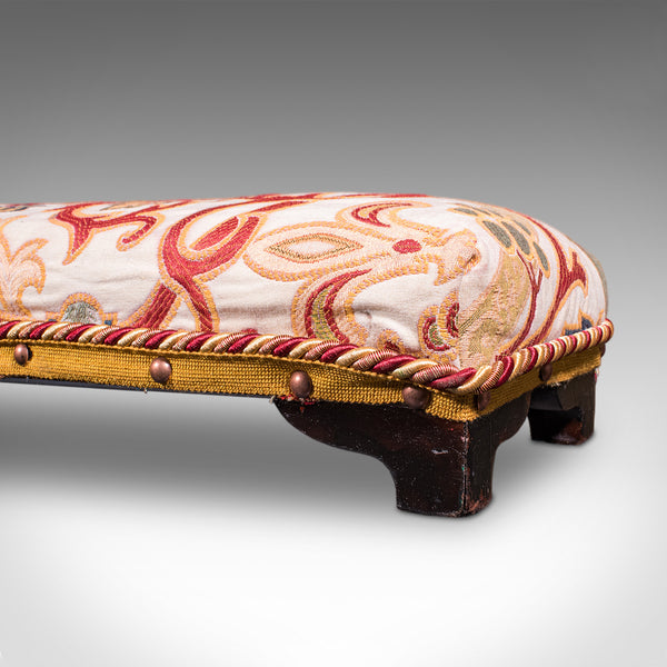 Long Antique Carriage Stool, English, Crewelwork, Fireside Foot Rest, Victorian