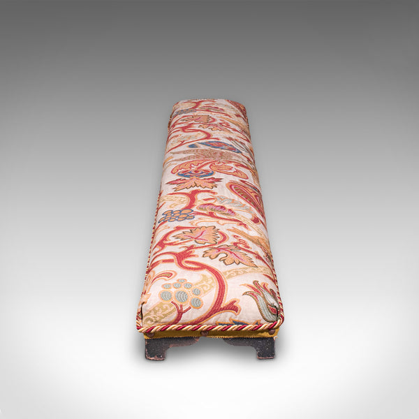 Long Antique Carriage Stool, English, Crewelwork, Fireside Foot Rest, Victorian