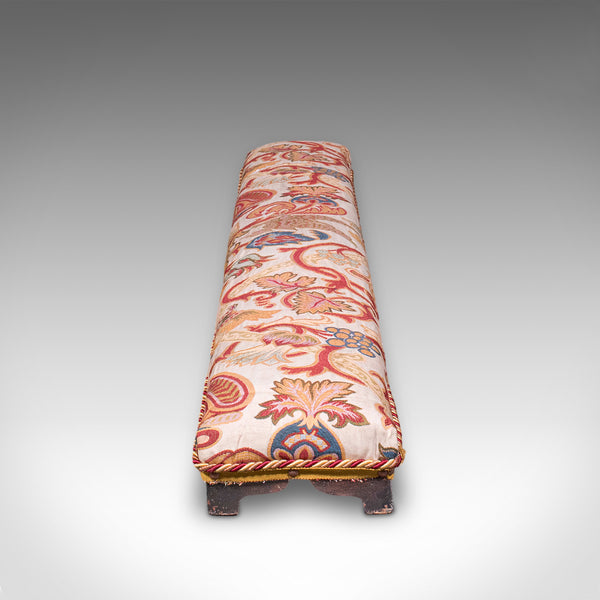 Long Antique Carriage Stool, English, Crewelwork, Fireside Foot Rest, Victorian