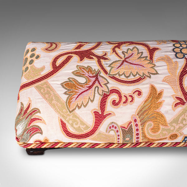 Long Antique Carriage Stool, English, Crewelwork, Fireside Foot Rest, Victorian