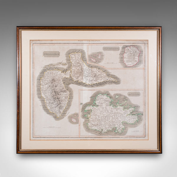 Large Antique Caribbean Map, Guadeloupe, Antigua, Scottish, Framed, Georgian